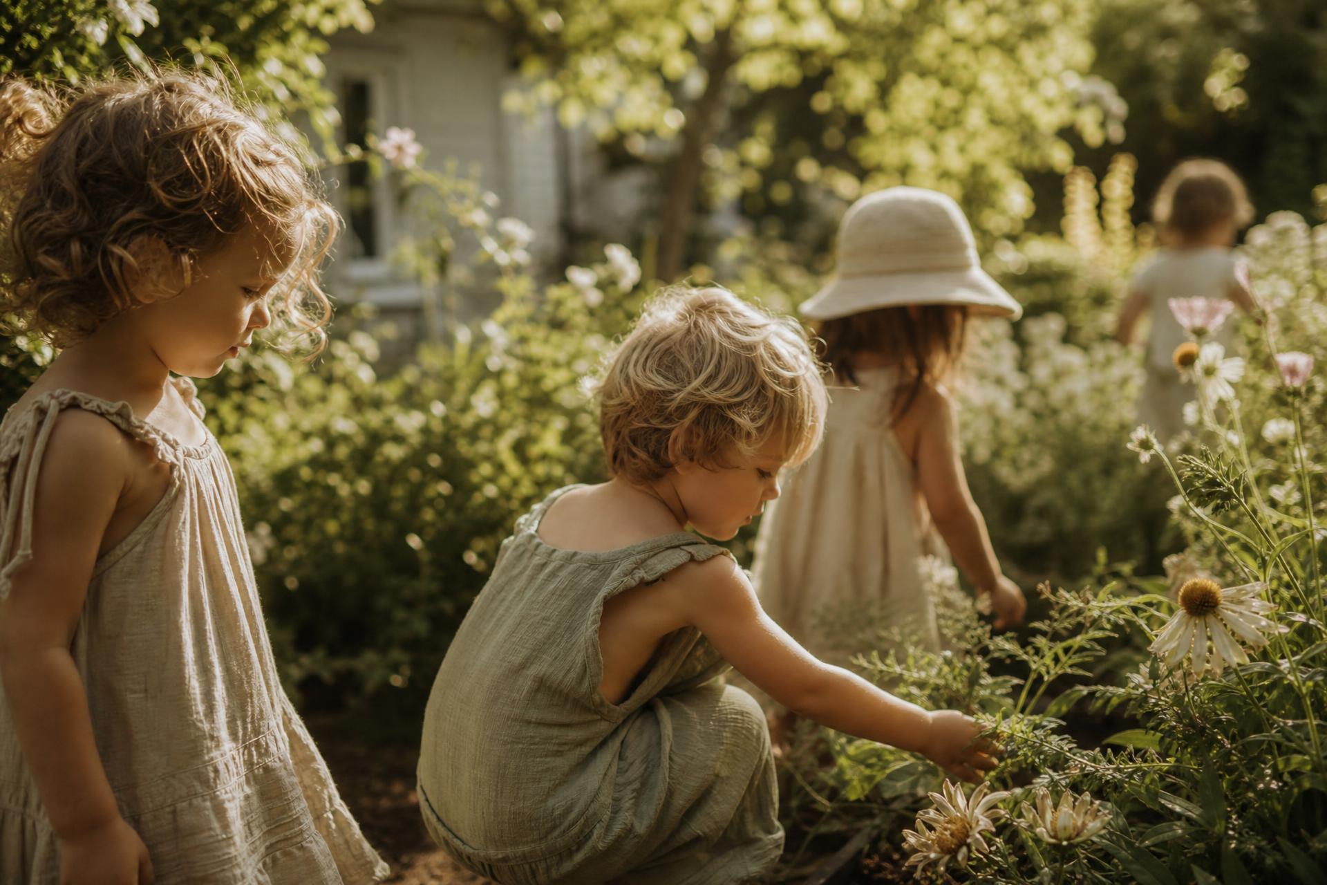 Children exploring a sunlit garden at Blommeland Educare