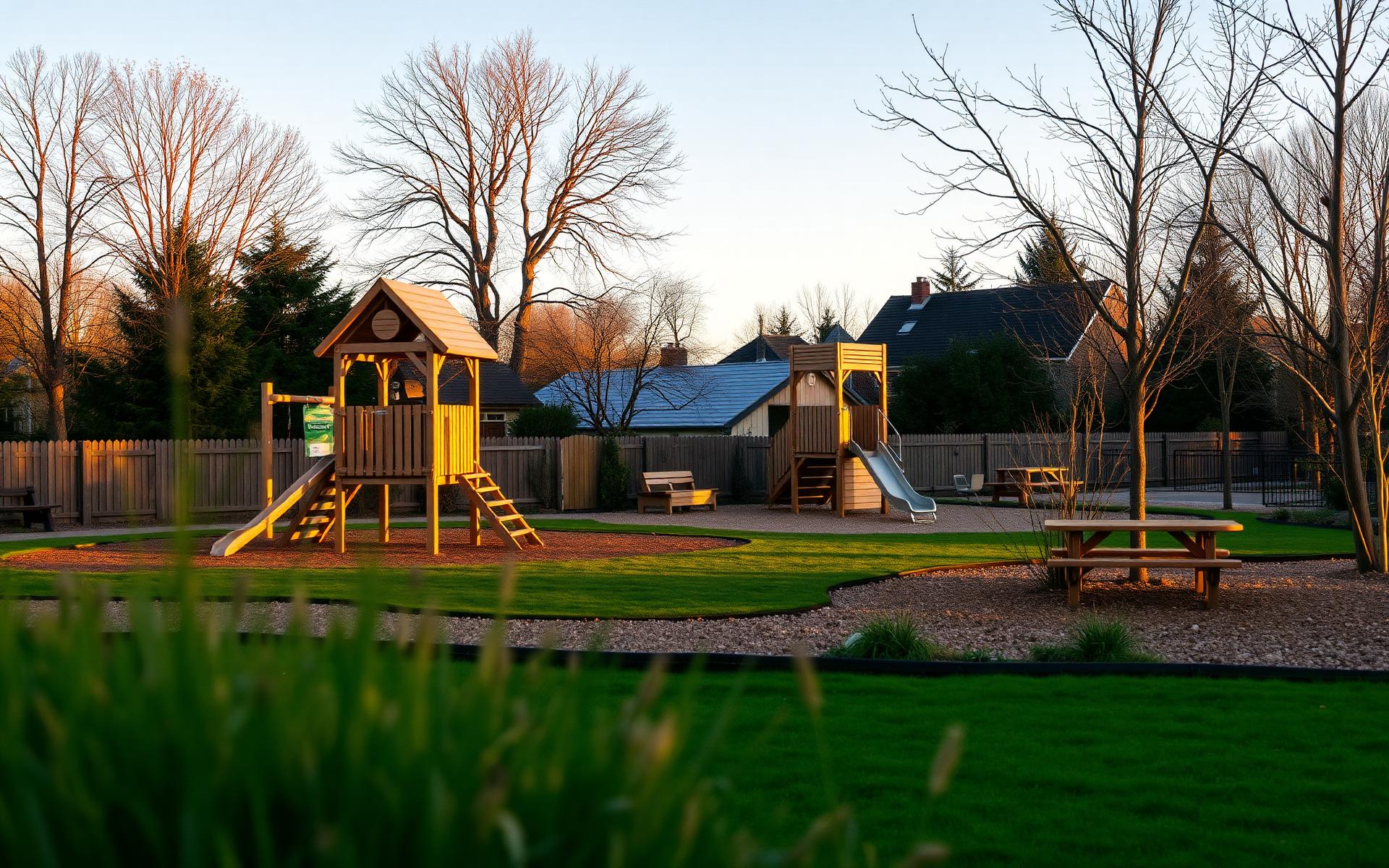 Fenced garden playground at golden hour